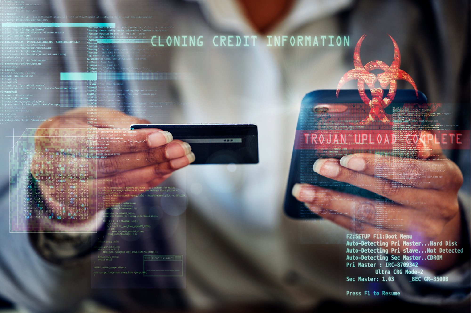 Cyber, digital and virus of criminal fraud breaking security with trojan and cloning software. Hands of an individual with malicious intent to steal, banking and finance information for ecommerce. stock photo